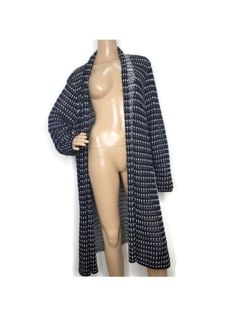 St. John Collection Long Open Knit Blue & White Cardigan Sweater Womens Size L - Picture 4 of 8